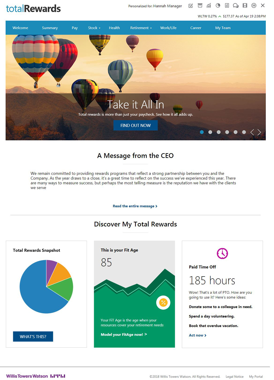 Screenshot of a sample “Discover my Total Rewards” dashboard with an image of hot air balloons,  description below